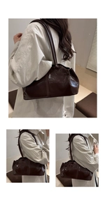 Detailed views of glossy dark brown leather shoulder bag with fine stitching on strap