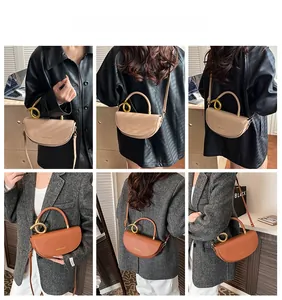 Detail shots of beige and brown saddle bags with large gold ring handles and straps