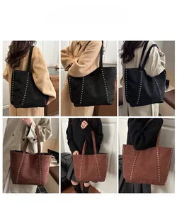 Detailed views of black and brown tote bags with studs worn on shoulder over coats