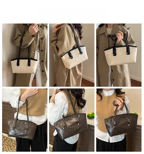 Detailed views of large capacity tote bag in beige and coffee colors on model