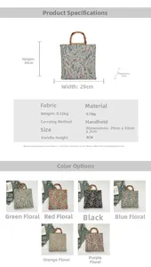 Size guide for floral canvas tote bag with bamboo handles and detailed dimensions