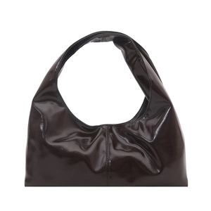 Minimalist dark brown patent leather shoulder bag with glossy finish and vertical stitching