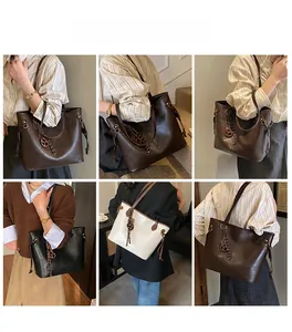 Lifestyle shots of vintage soft leather tote bags in dark brown, black, and cream colors
