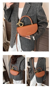 Detailed views of caramel saddle bag featuring spiral gold handle and sleek leather texture