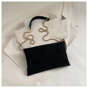 Detail of a minimalist black suede shoulder bag with a gold chain strap on a blazer