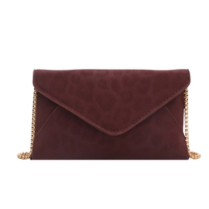 Fashionable leopard print envelope chain bag in burgundy red textured matte finish