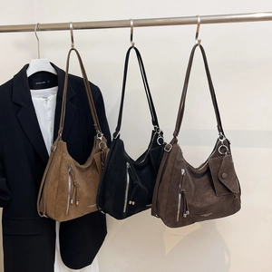 Retro Matte PU Leather Large Capacity Hobo Bag For Women Solid Color Versatile Shoulder Tote With Hanging Pouch