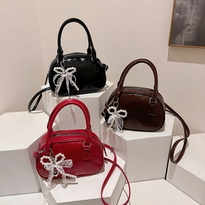 Sac À Bandoulière En Similicuir Pour Femme Sac À Main Boston Élégant Avec Pendentif Nœud Künstliche Perle Et Dentelle