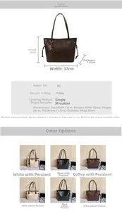 Detailed size specifications and color options for this vintage large capacity PU tote bag