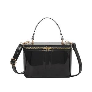 Chic black patent leather square box bag with gold zipper and top handle for women