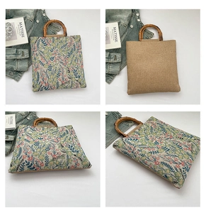 Detailed views of printed canvas tote bag with natural bamboo handles and jacquard pattern