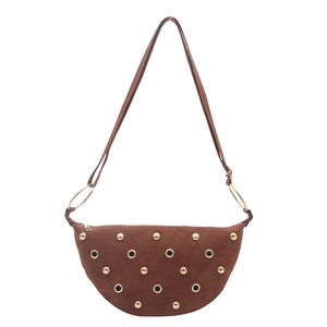 Brown frosted leather crescent shoulder bag with golden studs and metal ring details
