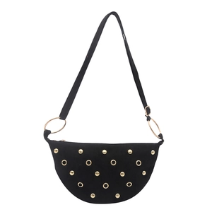 Chic black suede crescent shoulder bag with golden punk-style studs and eyelet details