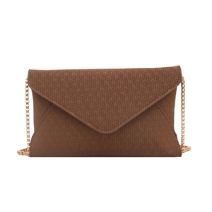 Elegant brown textured envelope clutch bag with golden chain strap for women