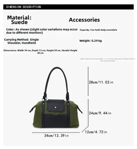 Size chart showing dimensions for the vintage green suede handbag and shoulder bag