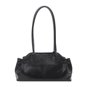 Minimalist black faux leather tote bag with long straps and vertical stitching detail