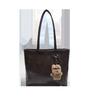 Classic dark brown tote bag with large capacity, shoulder straps and cute plush bear charm