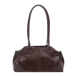 Brown glossy leather baguette bag with pleated details and cylindrical handles for women