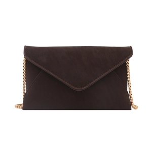 Minimalist dark brown envelope shoulder bag with premium matte leather and gold chain