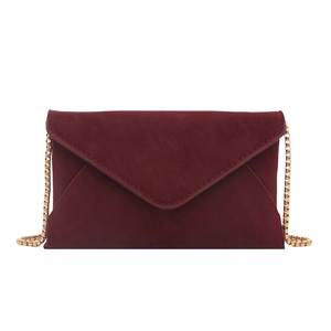 Elegant burgundy frosted envelope chain bag with minimalist V-shaped flap and gold strap