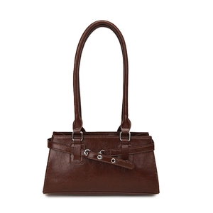 Dark brown faux leather baguette bag with dual slim straps and buckle detail