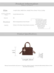 Size chart showing leopard print PU leather bag dimensions 20x9x14cm and strap details