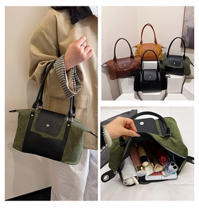 Detail view of large capacity tote bag interior and four vintage canvas color options