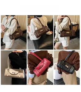Collage de sacs à bandoulière en cuir chic en marron, beige, rouge et noir sur modèles