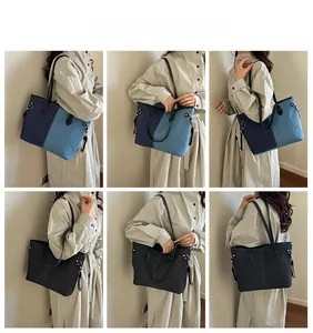 Detail shots of patchwork denim tote bag with leather straps and metal ring accents