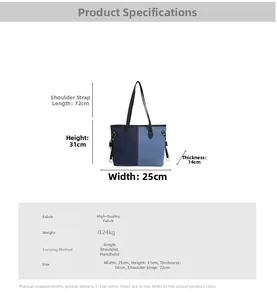 Detailed dimensions of the denim patchwork tote bag with color contrast design