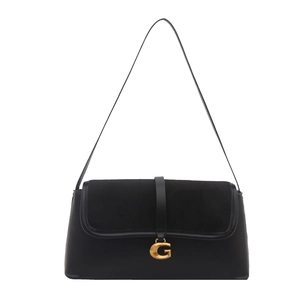 French vintage black underarm bag with gold G-clasp and leather suede texture