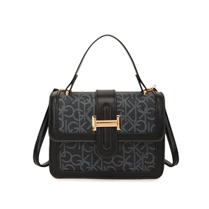 Structured black handbag with blue-grey logo print and golden metal buckle clasp