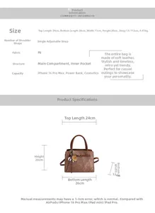 Detailed size chart for the retro brown PU leather tote bag with dimensions and capacity
