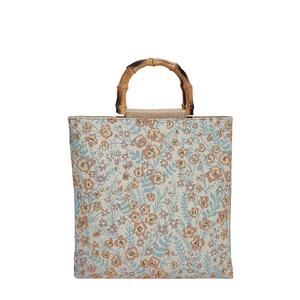 Retro linnen draagtas met bloemenprint en gepolijste bamboe handgrepen op witte basis