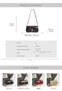 Size chart and details of retro PU leather underarm bag with metal buckle closure