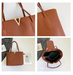 Detailed views of brown pebble leather tote bag with gold V-hardware and spacious interior