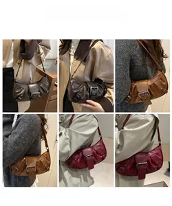 Model wearing vintage-style pleated leather tote bags in dark brown, caramel, and burgundy
