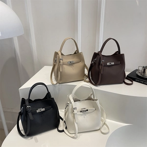 Women Fashion PU Leather Litchi Grain Bucket Shoulder Bag Retro Commuter Crossbody Handbag With Metal Lock Buckle And Pouch
