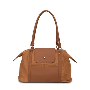 Brown vintage suede handbag for women featuring leather trim and silver metal buckle