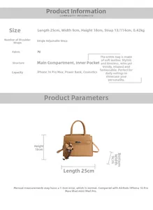 Detailed view of brown PU leather bag dimensions 25cm by 18cm with interior capacity info