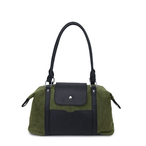 Large olive green and black travel tote bag with shoulder straps and outer flap pocket
