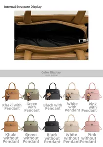 Detail view of woven leather handbag interior structure and five color options with charms