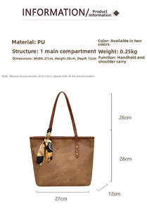 Detailed size chart of the brown PU tote bag with dimensions and scarf accessory