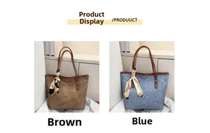 Detail of brown and blue matte tote bags featuring decorative silk scarves on handles