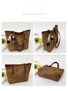 Multi-angle view of vintage brown tote bag with silk scarf and structured texture