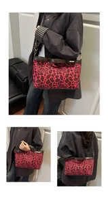 Detail of retro tote bag with leopard rose pattern, suede fabric and brown leather straps
