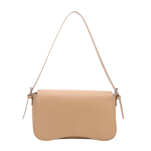 Minimalist khaki PU leather shoulder bag with magnetic flap and wavy bottom design