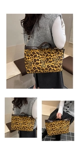Three-way view of a leopard print tote bag with rose patterns and leather straps