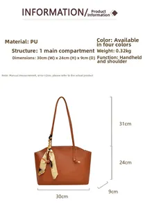 Technische Details der braunen PU-Tasche mit Maßen und dekorativem floralem Seidenschal