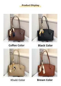 Collage aus Leder-Tote-Bags in Kaffee, Schwarz, Khaki und Braun mit dekorativen Schals